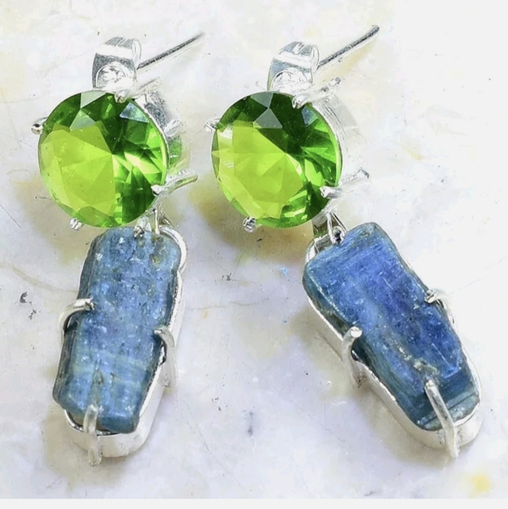New Peridot and Rough Kyanite Silver Stud Dangle Earrings.